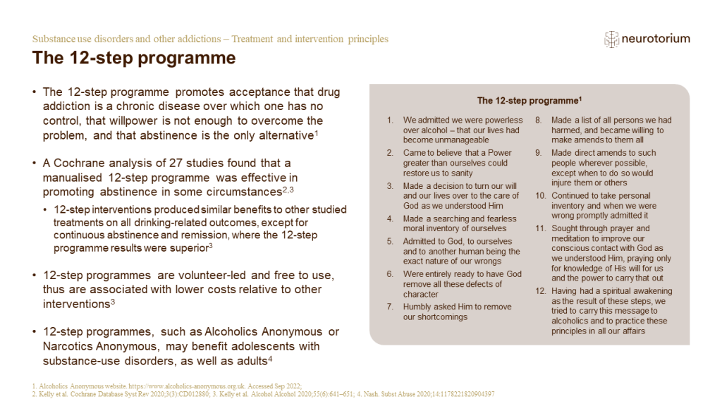 This slide illustrates how a Cochrane analysis of 27 studies found that a manualised 12-step programme was effective in promoting abstinence in some circumstances.