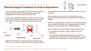 This slide illustrates different Pharmacological treatment of alcohol dependence.