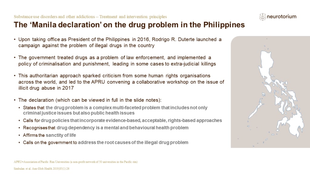 This slide illustrates the ‘Manila declaration’ on the drug problem in the Philippines