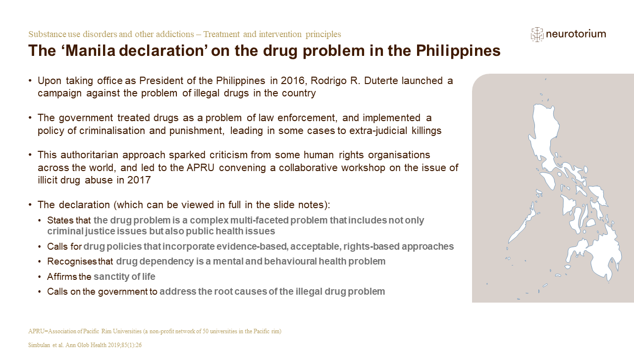 This slide illustrates the ‘Manila declaration’ on the drug problem in the Philippines