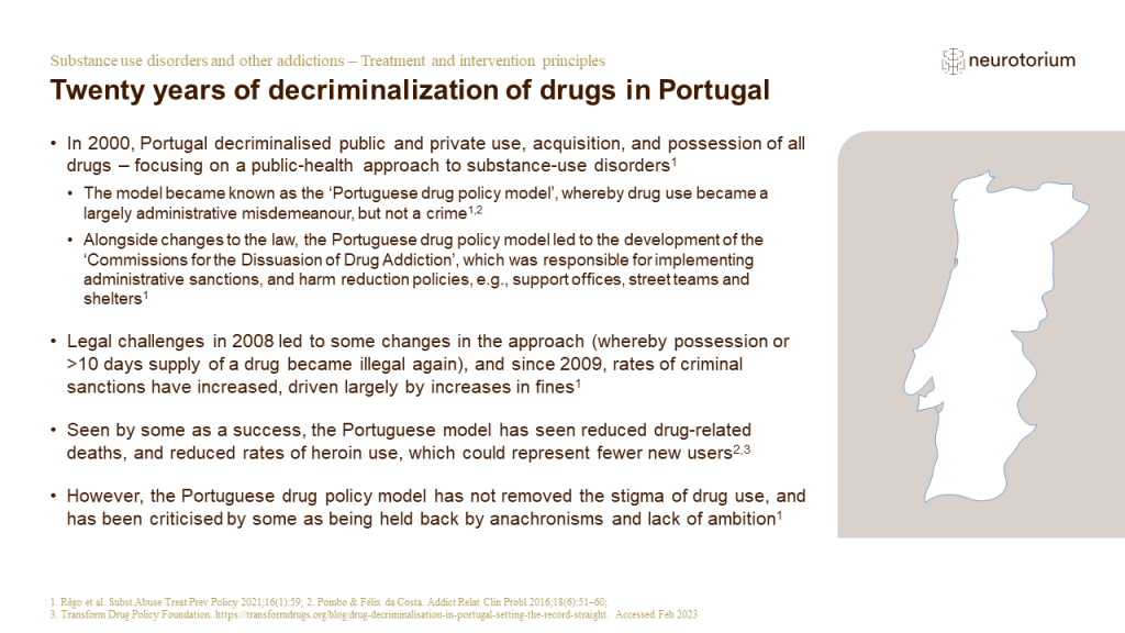 This slide illustrates Twenty years of decriminalization of drugs in Portugal.