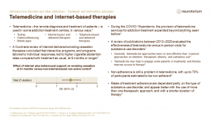 This slide illustrates how telemedicine – the remote diagnosis and treatment of patients – is used in some addiction treatment centres, in various ways.