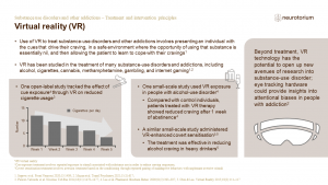 The potential of virtual reality (VR) in the treatment of substance-use disorders and other addictions is introduced on the slide.