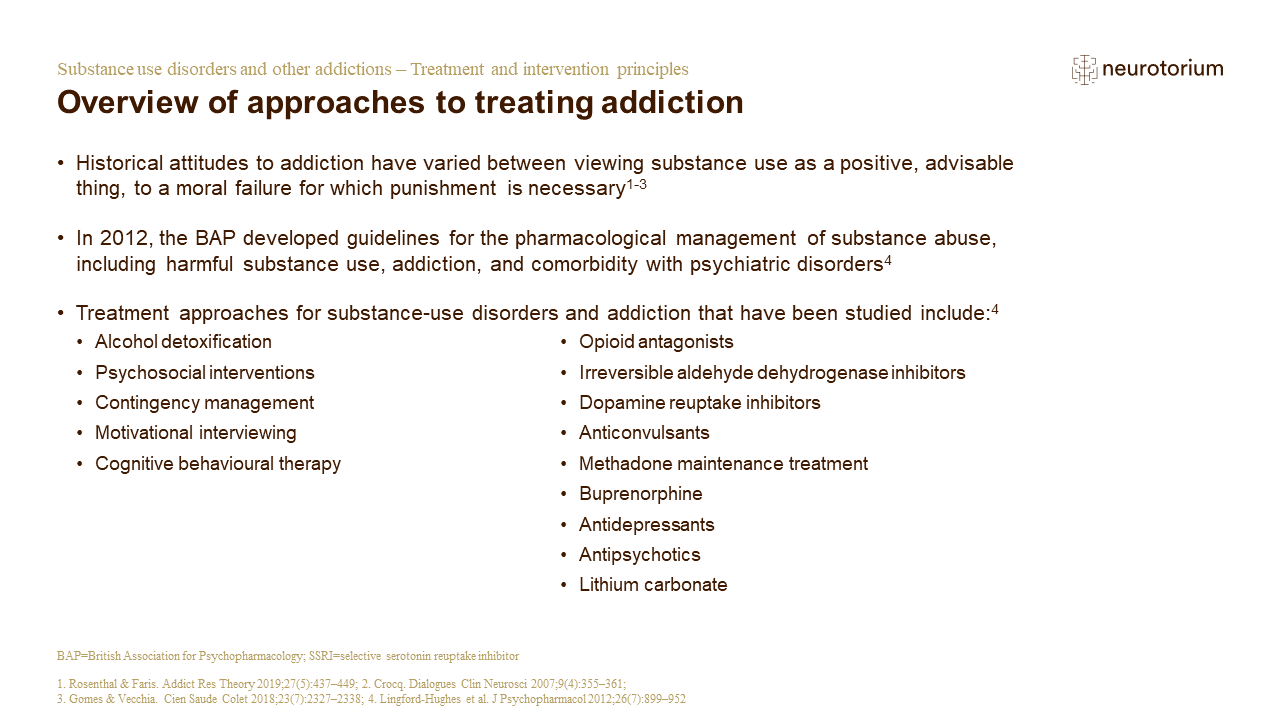 This slide illustrates the overview of approaches to treating addiction