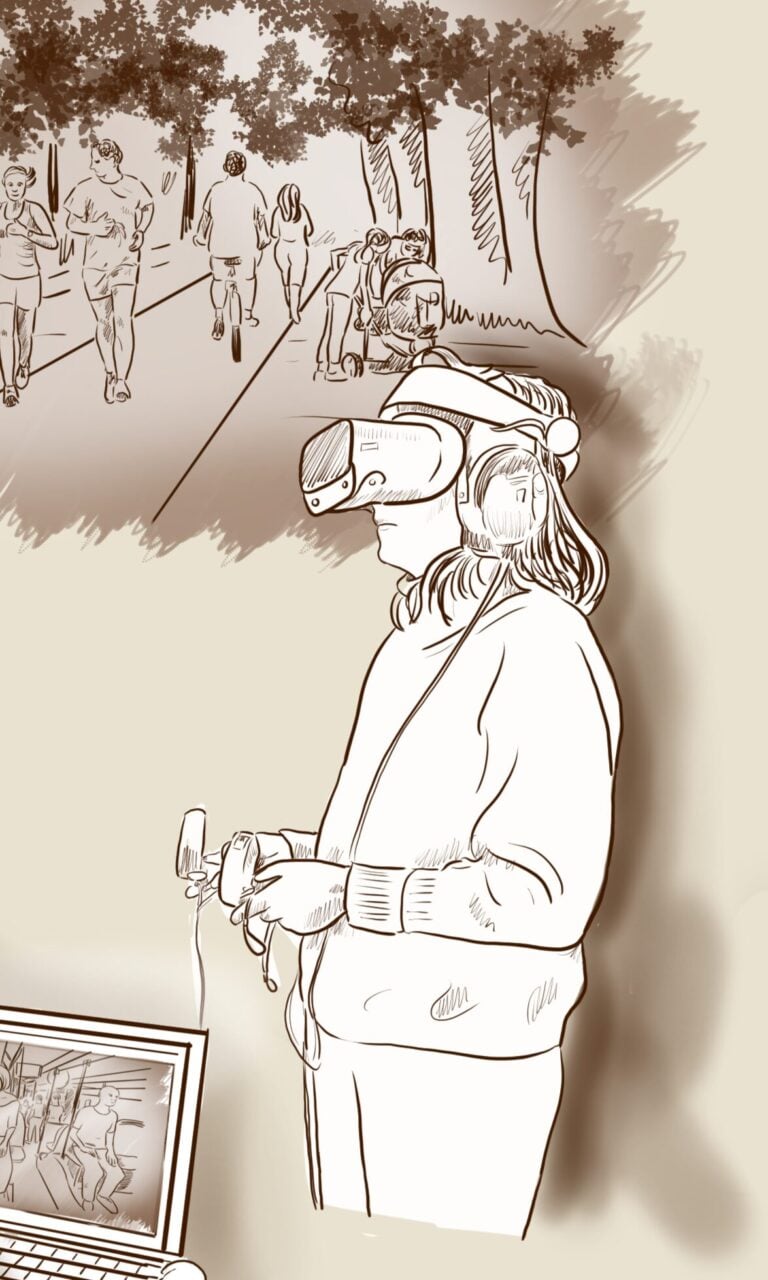 Person using a virtual reality headset to experience an environment as part of treatment of severe mental illnesses