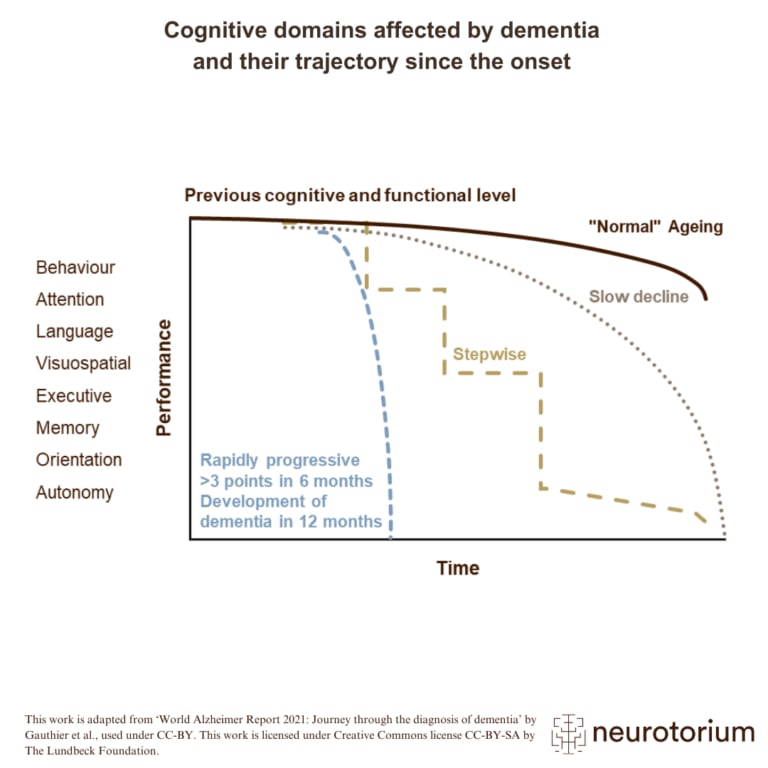 Cognitive domains affected by dementia and their trajectory since onset