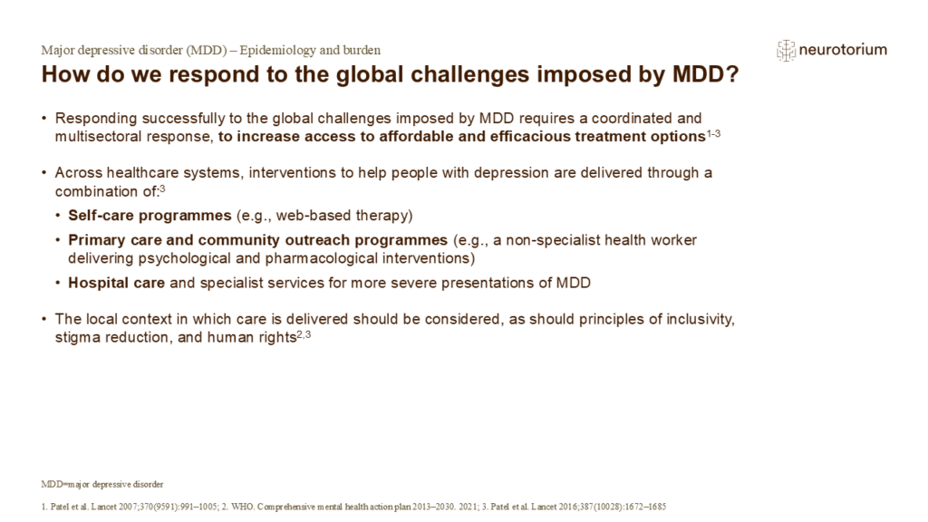 How do we respond to the global challenges imposed by MDD?