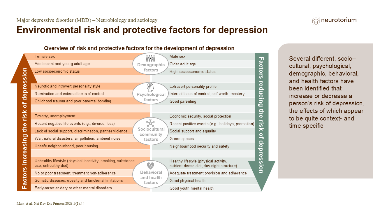 Slide illustrating the risk and protective factors for the development of depression.