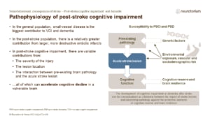 The development of cognitive impairment or dementia after stroke can be conceptualized as a balance between the impact of stroke lesions and preexisting pathology against the protective elements of cognitive reserve and brain resilience