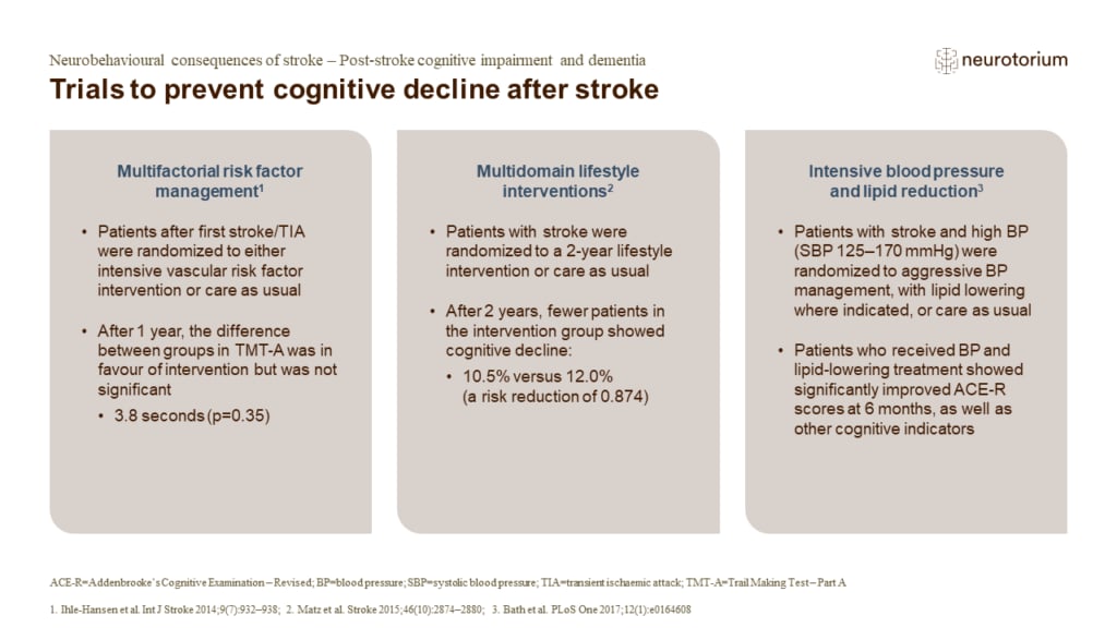 Several studies have undertaken to investigate the efficacy of different multicomponent interventions on cognition after stroke, with varying results as outlined on the slide.