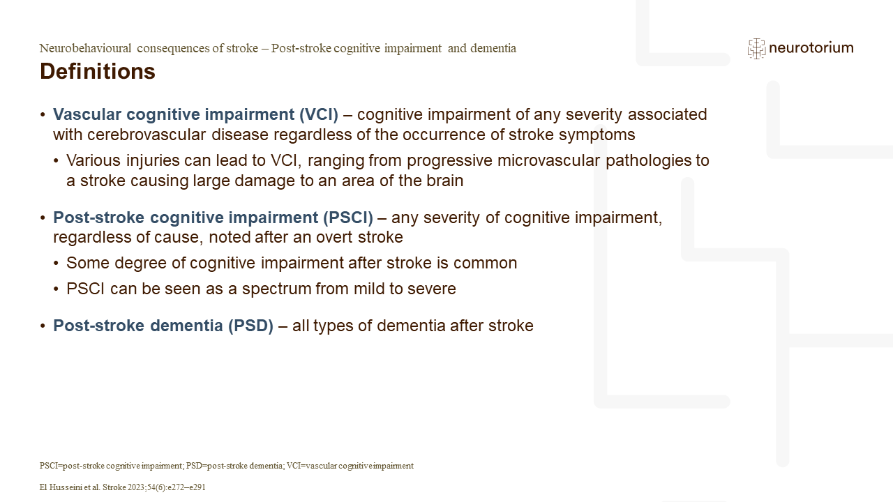 The slide presents some key definitions of the cognitive impairment that can occur with stroke: vascular cognitive impairment (VCI), post-stroke cognitive impairment (PSCI), and post-stroke dementia (PSD),