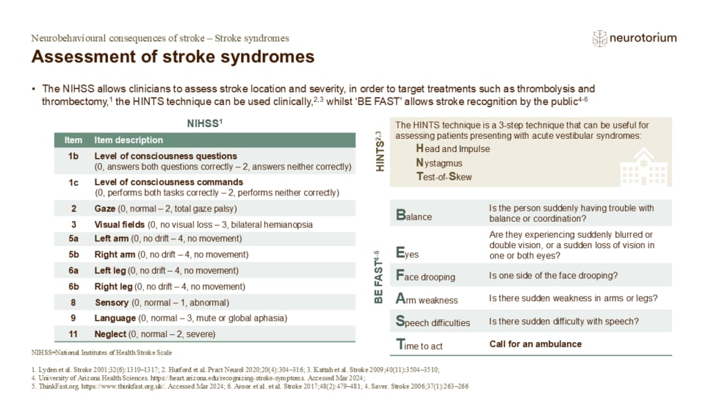 The NIHSS allows clinicians to assess stroke location and severity, in order to target treatments such as thrombolysis and thrombectomy