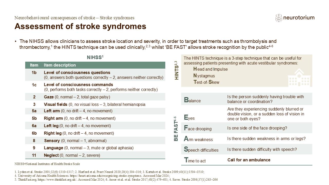 The NIHSS allows clinicians to assess stroke location and severity, in order to target treatments such as thrombolysis and thrombectomy