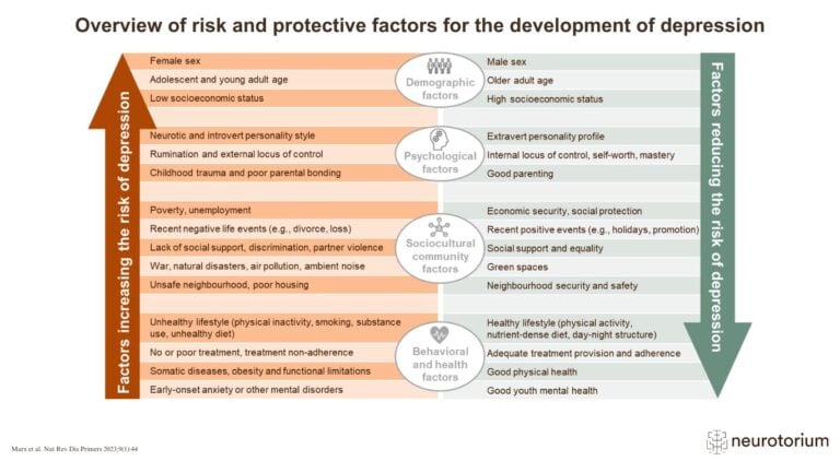 Chart comparing risk and protective factors for depression, categorized into demographic, psychological, sociocultural, and health-related groups.