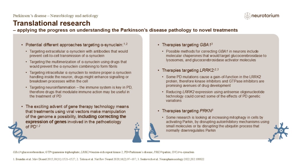 Translational research– applying the progress on understanding the Parkinson’s disease pathology to novel treatments