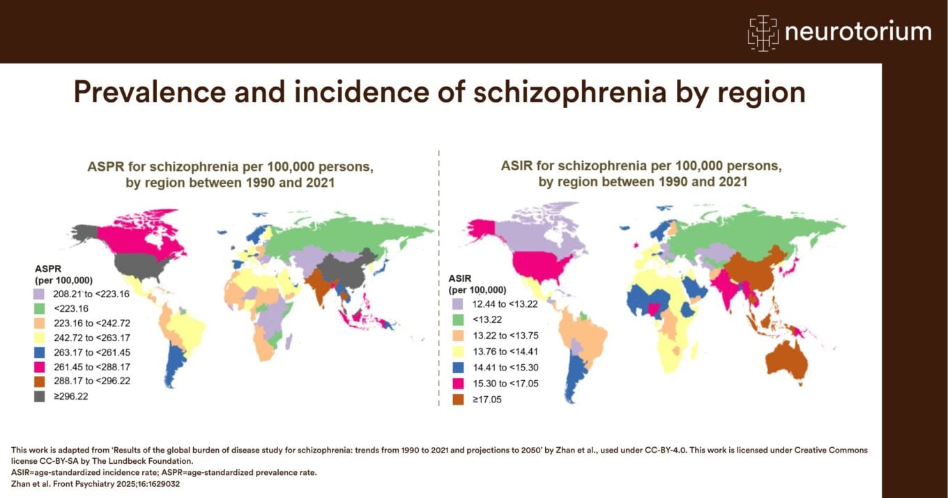 Map showing the prevalence and incidence of schizophrenia by region