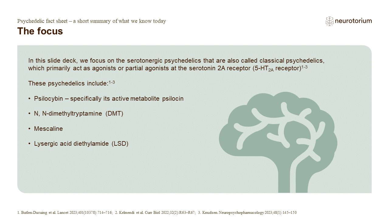 In this slide deck, we focus on the serotonergic psychedelics that are also called classical psychedelics, which primarily act as agonists or partial agonists at the serotonin 2A receptor (5-HT2A receptor)