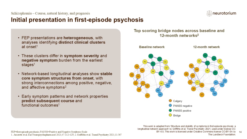 Slide describing heterogeneous first-episode psychosis presentations, with symptom network diagrams at baseline and 12-month follow-up