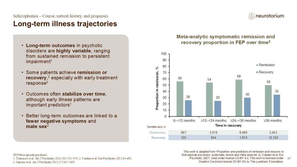 Slide on long-term illness trajectories in first-episode psychosis, showing remission and recovery rates over time
