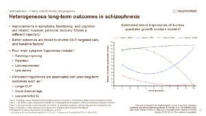 Slide describing heterogeneous long-term schizophrenia outcomes, with four symptom trajectories tracked over ten years of follow-up