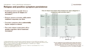 Slide on relapse and persistent positive symptoms in schizophrenia, highlighting associations between relapse frequency and long-term outcomes
