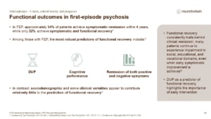 Slide on functional outcomes in first-episode psychosis, highlighting predictors of recovery including untreated illness duration, cognition, and symptom remission