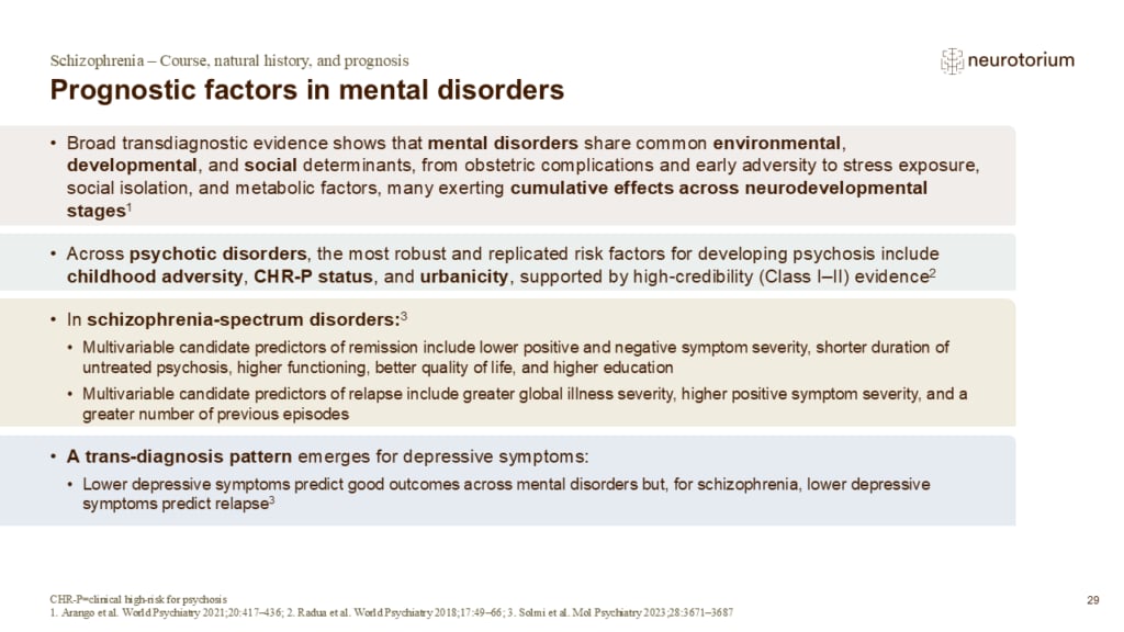Slide showing prognostic factors and outcome predictors across mental disorders