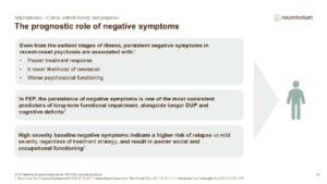Slide showing the prognostic role of negative symptoms in first-episode psychosis and long-term functional outcomes.