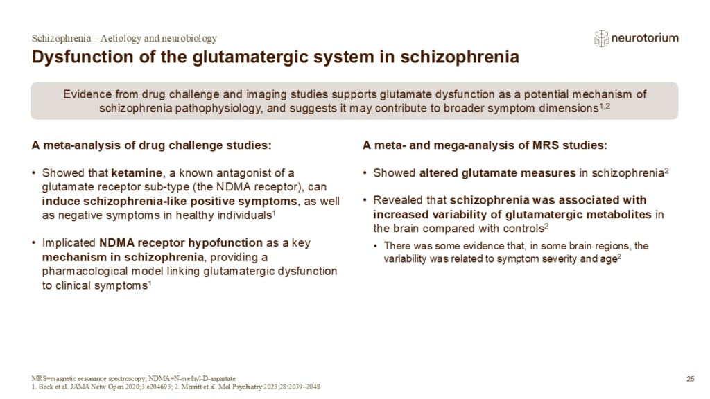 Slide summarizing evidence for glutamatergic dysfunction in schizophrenia from drug challenge and imaging studies.