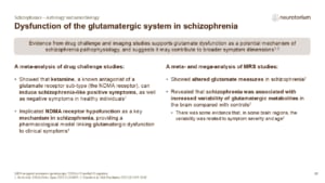 Slide summarizing evidence for glutamatergic dysfunction in schizophrenia from drug challenge and imaging studies.