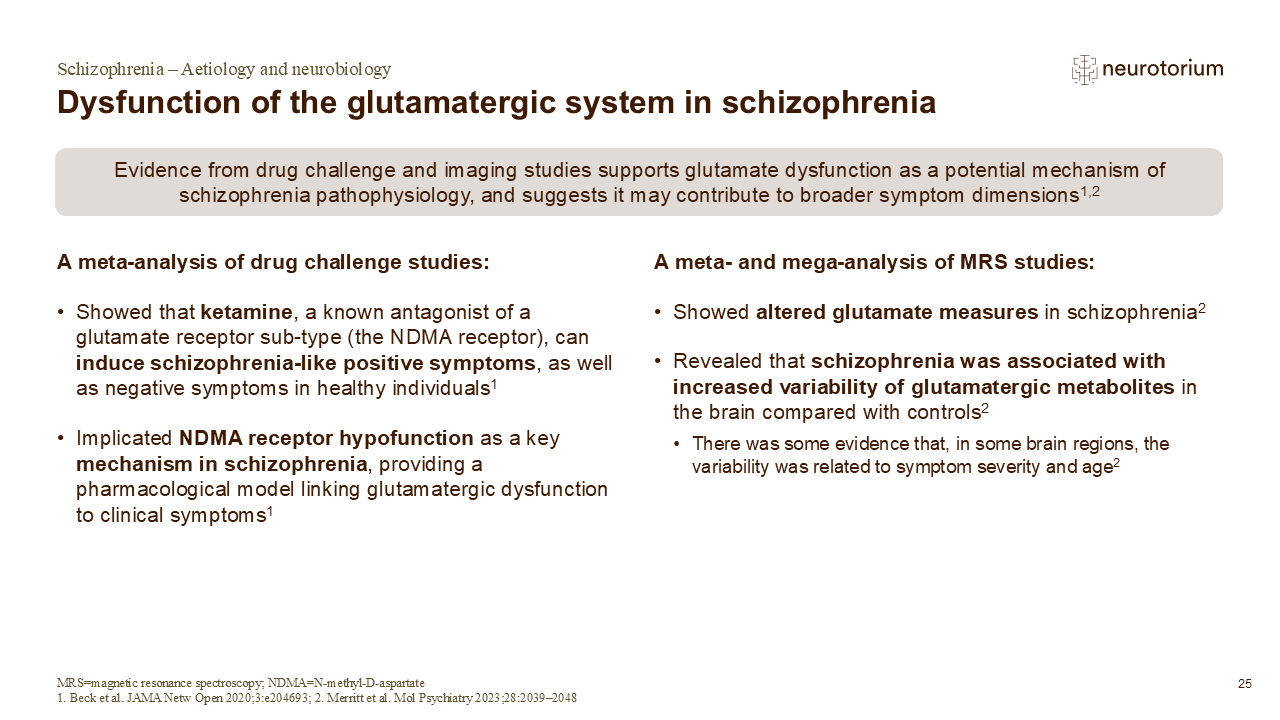 Slide summarizing evidence for glutamatergic dysfunction in schizophrenia from drug challenge and imaging studies.