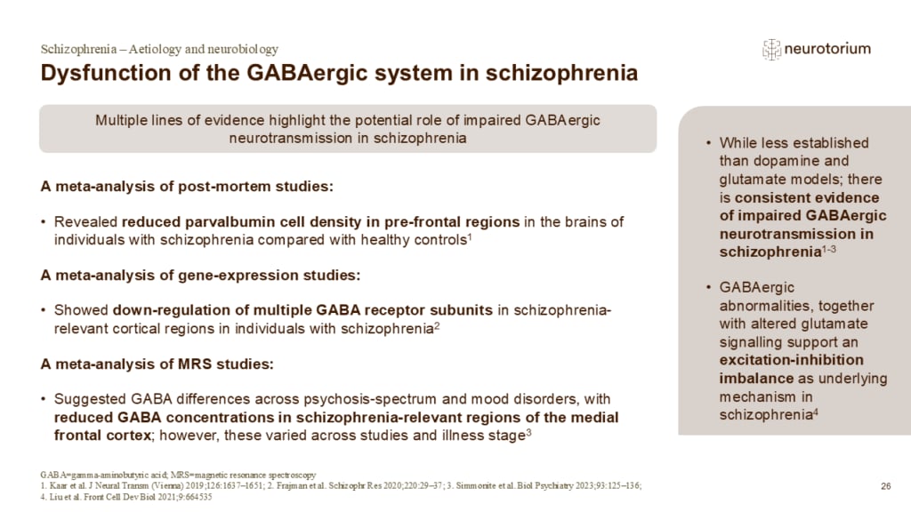 Slide summarizing evidence for GABAergic dysfunction in schizophrenia from post-mortem, gene-expression, and imaging studies.