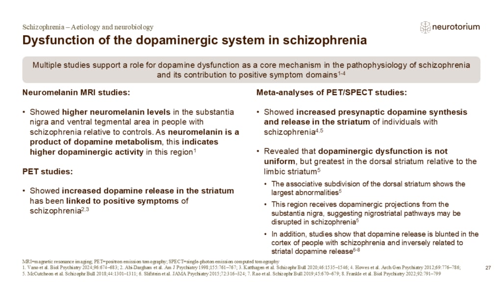 Slide summarizing evidence for dopaminergic dysfunction in schizophrenia from MRI, PET, and SPECT studies.