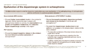 Slide summarizing evidence for dopaminergic dysfunction in schizophrenia from MRI, PET, and SPECT studies.
