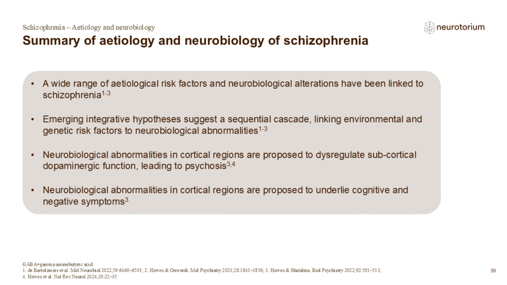 Slide summarizing key genetic, environmental, and neurobiological factors implicated in schizophrenia.