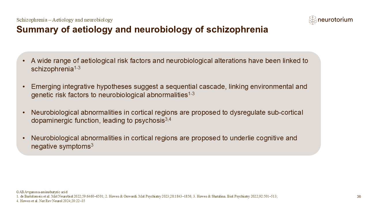 Slide summarizing key genetic, environmental, and neurobiological factors implicated in schizophrenia.