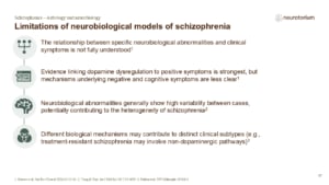 Slide outlining limitations of current neurobiological models of schizophrenia.