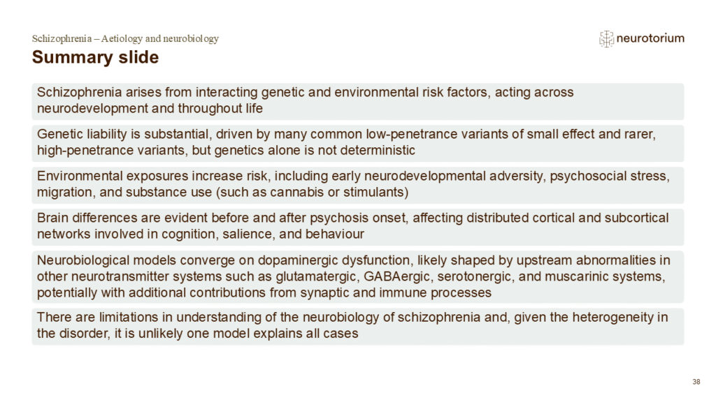 Summary slide of the Schizophrenia Aetiology and neurobiology slide deck