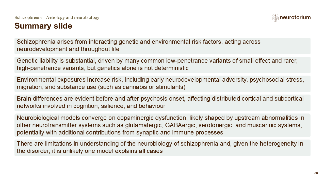 Summary slide of the Schizophrenia Aetiology and neurobiology slide deck