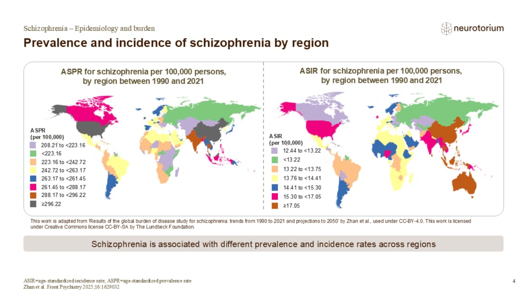 Prevalence and incidence of schizophrenia by region