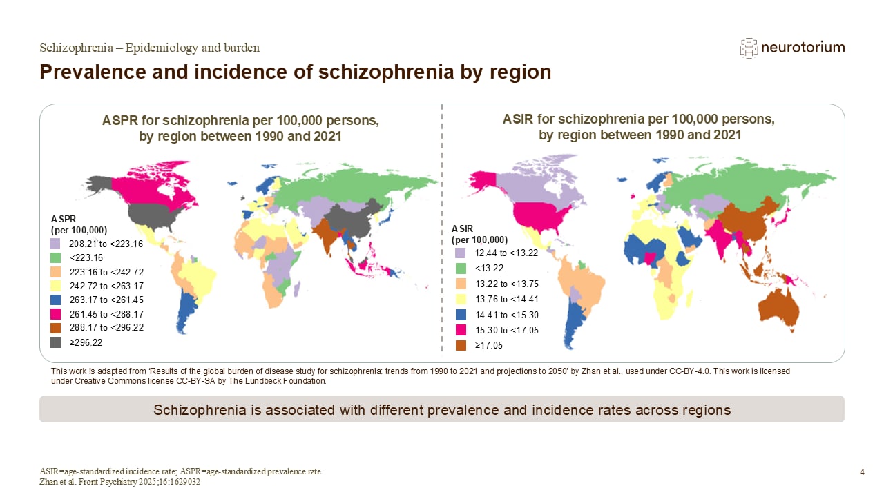 Prevalence and incidence of schizophrenia by region