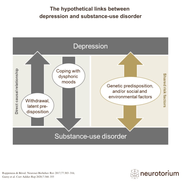 Diagram showing the hypothetical links between depression and substance-use disorder, including causal pathways like withdrawal and coping with mood, and shared risk factors like genetics and environment.