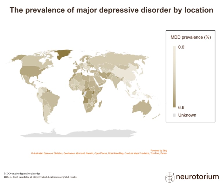 Global map displaying the prevalence of major depressive disorder by country, using a color gradient to represent prevalence percentages from low to high.