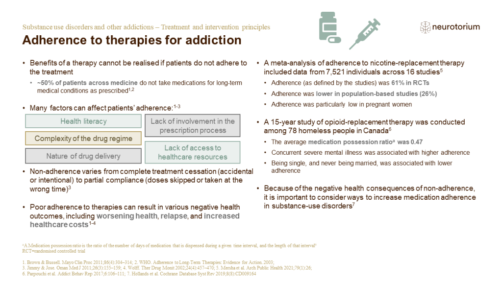 Adherence to therapies for addiction
