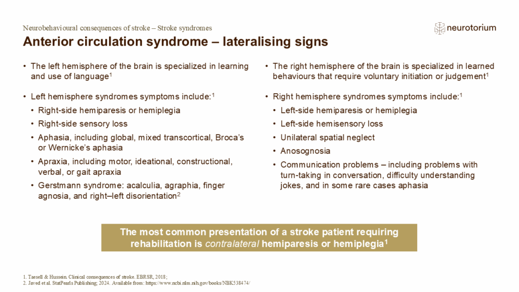 Anterior circulation syndrome – lateralising signs